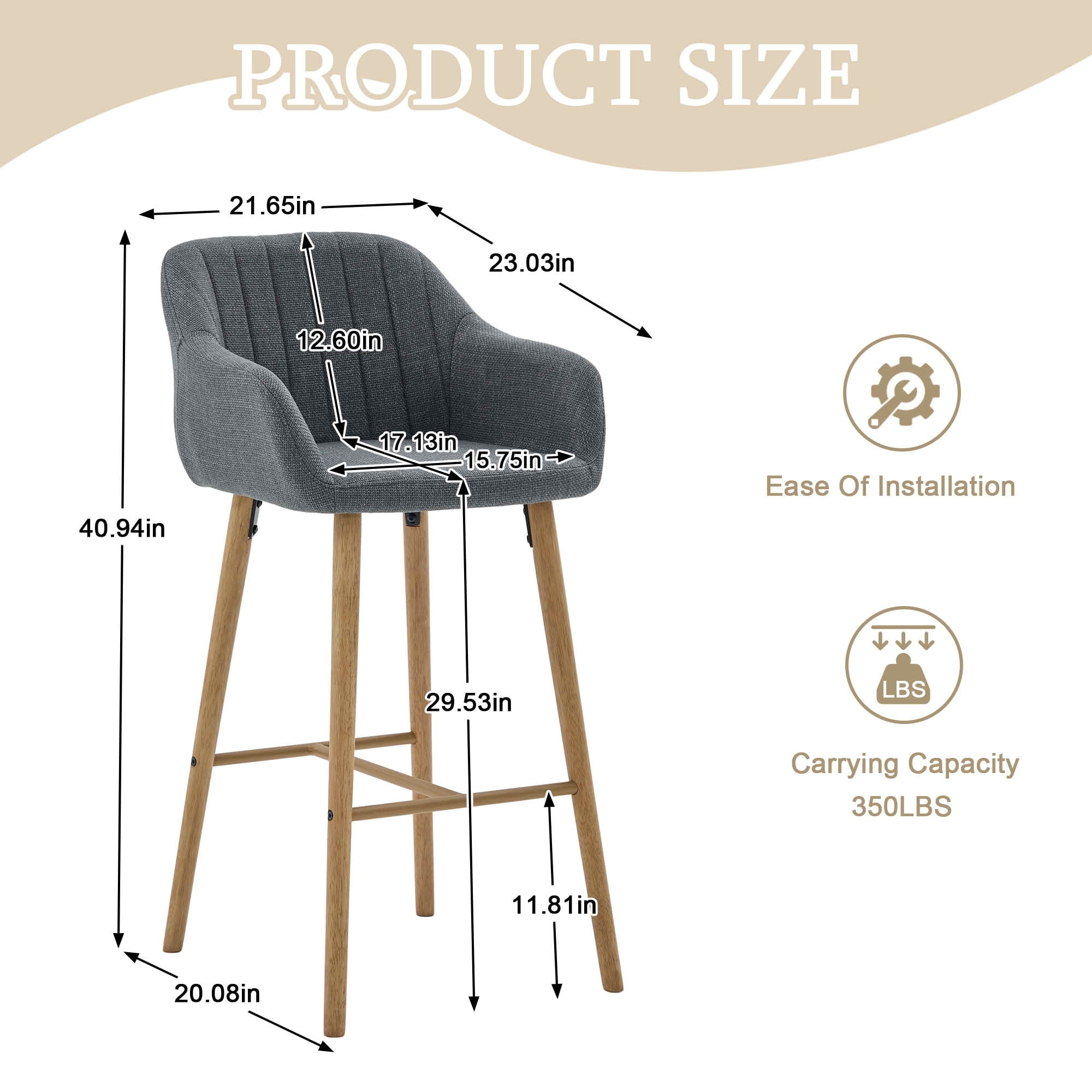 MAYEERTY Bar Stools Set of 2, Linen Kitchen Island Chairs with Back, Arms, Footrest and Solid Oak Legs, Gray