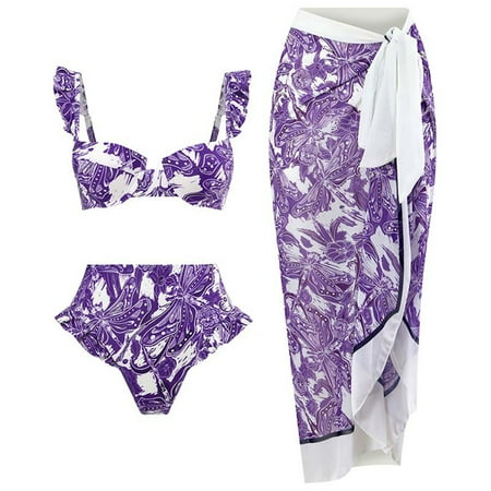 ICHUANYI Womens Fashion Retro Flower Print Tight Fitting Bikini Fashion Women s One-piece Swimsuit Swimwear Chiffon OverSkirts Suit Clearance