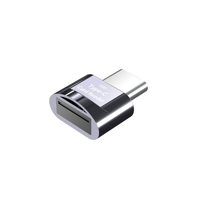Amdohai Mini Type-C Card Reader in grey, designed for USB 3.1 Type-C ports. Compact and lightweight with a keychain hanging design, it supports Micro SD, Micro SDHC, and TF cards. Compatible with Type-C phones, tablets, and laptops. Features a plug-and-play function with no external power required.