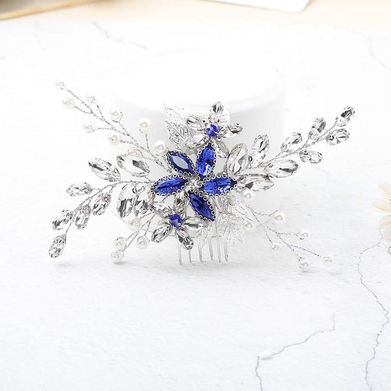 Hair Comb Silver Flower Blue Rhinestones Beads for Weddings Proms Bridal Blue Bridal Hair Comb & Earrings | Rhinestone Pearl Flower  main image 2