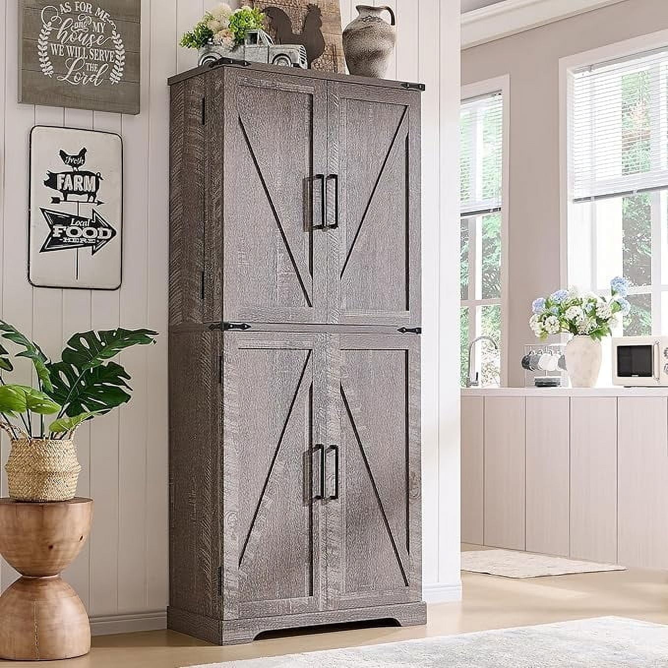ACCOHOHO 72" Tall Kitchen Pantry, Farmhouse Storage Cabinet with Barn Doors, Drawer and Adjustable Shelves, Rustic Wood Cupboard for Kitchen, Dining Room, Bathroom, Rustic Grey