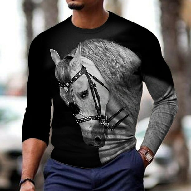 Camisas de Otono Para Hombre Cuello Redondo Manga Larga Camiseta Diaria Estampado Grafico de Caballo En 3D Blusa Informal Odeerbi ODB 4 Bodega Aurrera en linea