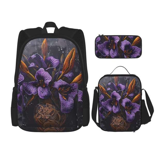 Disketp Ornate Purple Floral Vase Mochila Estampada de Gran Capacidad con Lonchera y Estuche, Set de 3 Piezas para Estudiantes