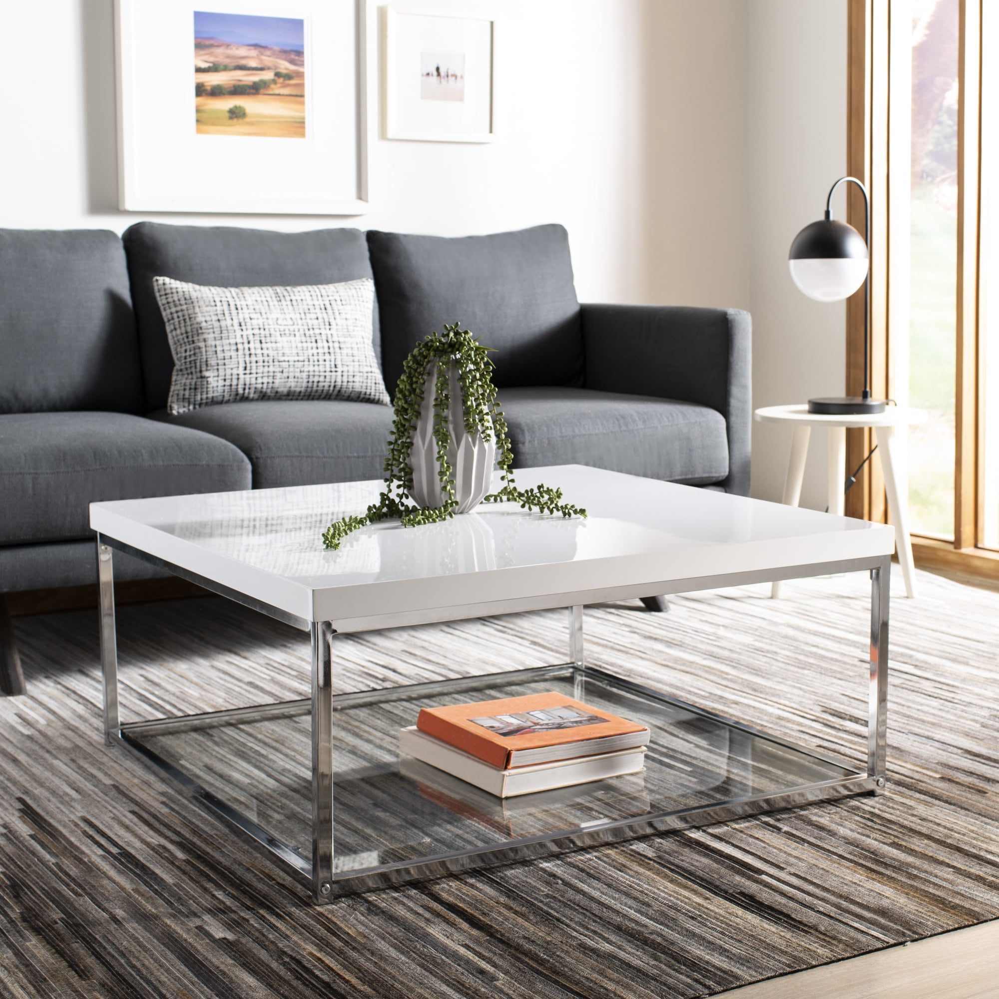 SAFAVIEH Malone Modern Glam Chrome High Gloss Coffee Table, White/Chrome