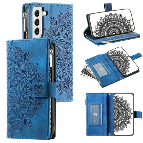 Elehold Crossbody Mandala Embossed wallet Case for Samsung Galaxy S22 5G,Premium vegan leather and inner soft slim TPU with Detachable Shoulder Strap Magnetic Flip Card Slots Wallet Case,Blue