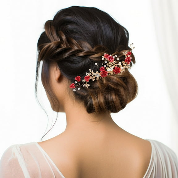 OUNONA Red Flower Hair Combs for Women Wedding Bridal Accessories, 1 Set Elegant Hair Pieces for Special Occasions
