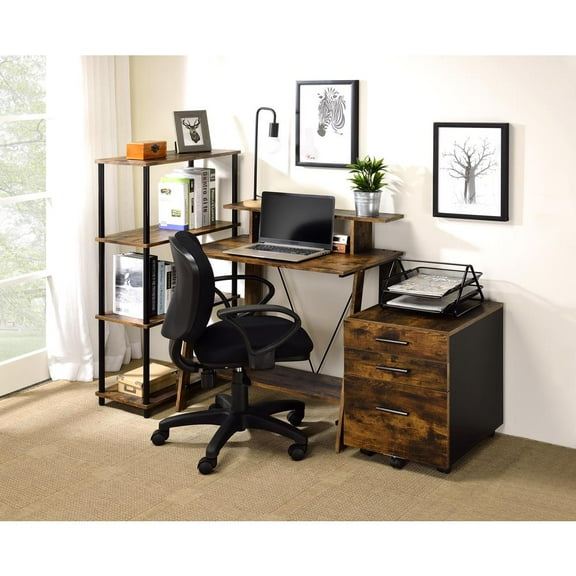 ACME Nypho Wooden Writing Desk with 2 Shelves in Weathered Oak and Black