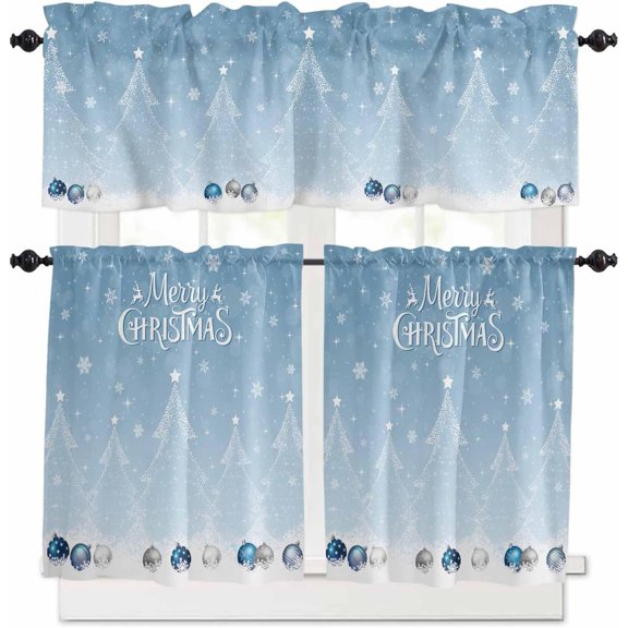 Blue Christmas Kitchen Curtains and Valances Set, Rod Pocket Curtains Tier Farmhouse Window Curtains 24 Inch Length, Pine Trees Xmas Ball Snowflake Winter 3 Piece Kitchen Curtains Set
