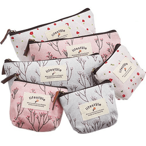 canvas fabric Makeup Bag for Women Girls,Portable Travel Makeup Bags for Outdoor, Multifunctional Waterproof Cosmetic Storage Bags, Rectangle, 6 Pack