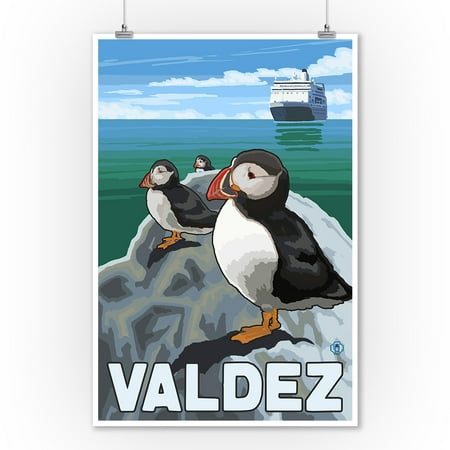 Puffins & Cruise Ship - Valdez, Alaska - LP Original Poster (9x12 Art Print, Wall Decor Travel