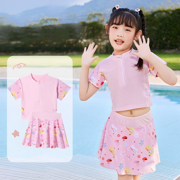 Girls Swimsuit 2 Piece Top And Skirt Set Crew Neck Short Sleeve Graphic Print for Beach Baby Girl Bathing Suit Pink 5 Years-6 Years