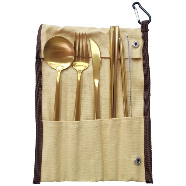 Juego de utensilios portátiles de 7 piezas, juego de cubiertos de viaje de acero inoxidable de oro rosa con palillos, pajita y cepillo de limpieza, juego de cubiertos reutilizables con estuche de tran
