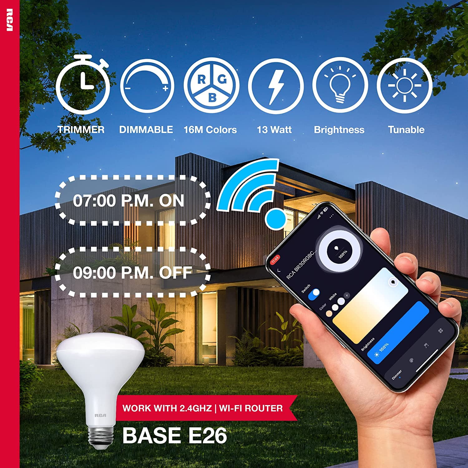 RCA Dimmable Smart Light Bulbs, 2-PK | BR30 WiFi LED Light Bulb | Indoor Flood LED Bulbs | 9W (60W Eq) | 2700K Soft White, 720 Lumens, E26 Base | Voice Activated Lights, Google & Alexa Light Bulb
