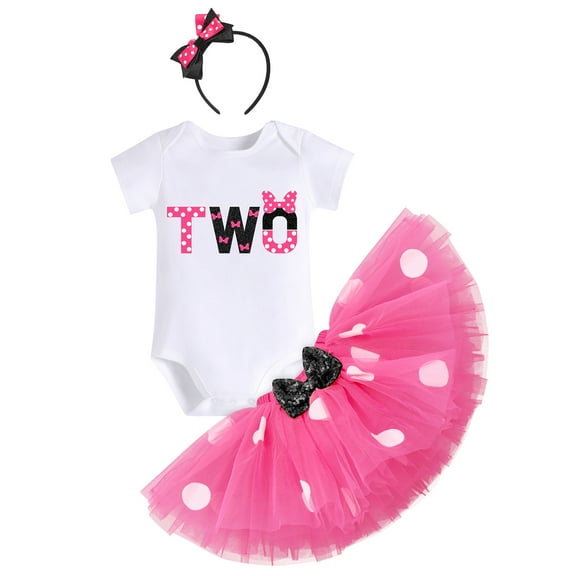 IBTOM CASTLE Toddler Baby Girls 1st 2nd 3rd Birthday Outfit Polka Dots Romper Tutu Skirt Mouse Ears Headband Cake Smash Clothes for Photo Props 2 Years Hot Pink Black