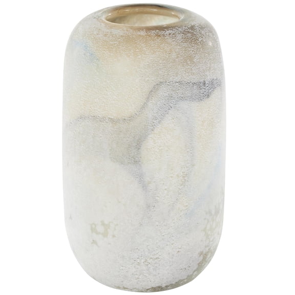 DecMode 10" Distressed Cream Glass Vase with Blue and Tan Texturing