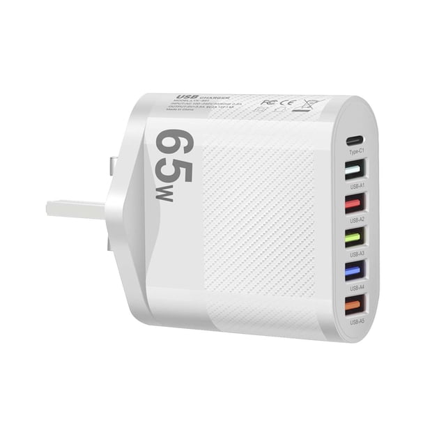 65W Universal Fast Wall Charger with 5 USB Type C Ports PD QC30 Phone Adapter for Charging