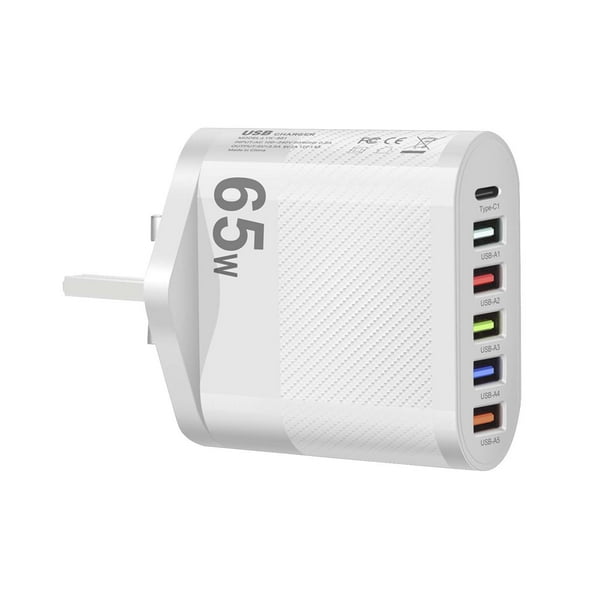 Cargador rápido de pared de 65 W con 5 puertos USB tipo C, adaptador PD QC3.0, carga rápida universal