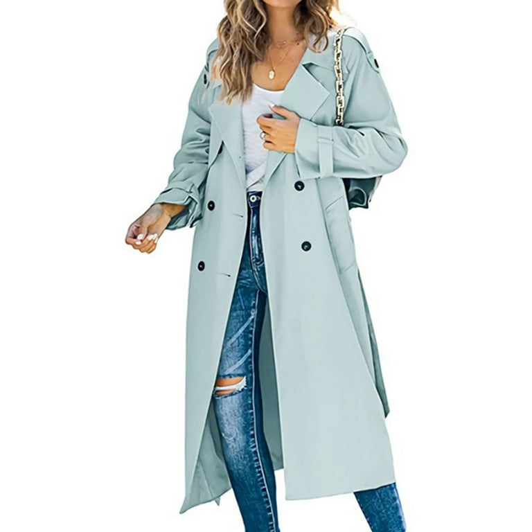 Wrcnote Women Long Trench Coat Sleeve Overcoat Solid Color Outwear Holiday  Button Down Cardigan Double-breasted Blue L