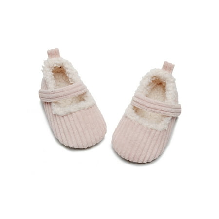 

Sanviglor Infant Princess Shoe Plush Lined Flats First Walking Crib Indoor Comfort Non-slip Shoes Lightweight Magic Tape Mary Jane Pink Rubber Sole 4C