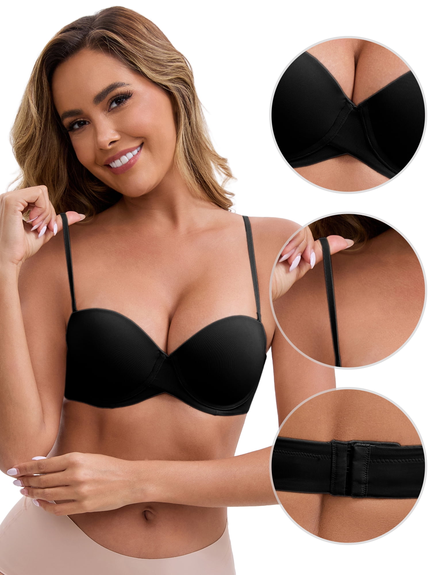 DARING DIVA Front Cross Underwire Strapless Non Slip Bandeau Lift Up Bra L Black