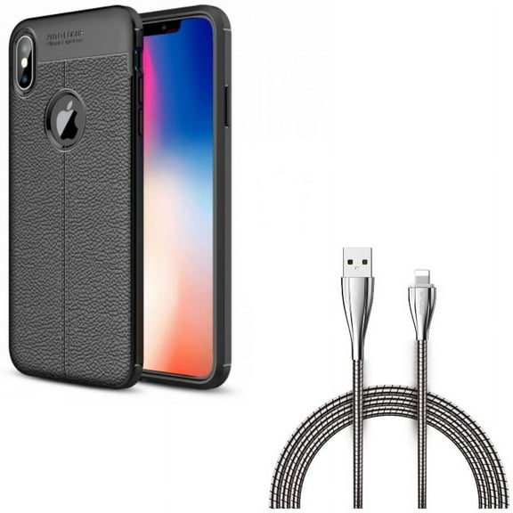 6ft Metal USB Cable w PU Leather Case for iPhone XS Max - Charger Cord Power Wire Braided Long and Slim Fit Cover Reinforced Bumper Shock Absorbent Black