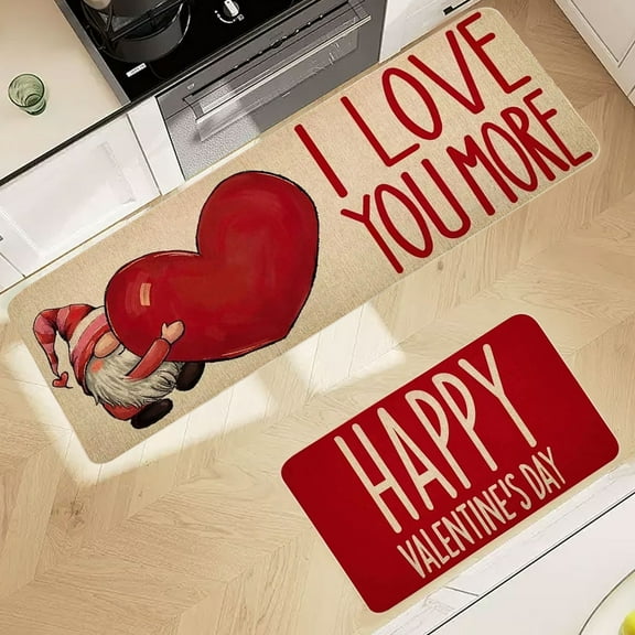 Valentine's Day Floor Mat 2-Piece Set, Non-Slip Absorbent Rug for Kitchen Bathroom Door, Red Heart Pattern Runner Mat for Entrance Hallway, Home Decor Gift for Her Him, 47.24x15.75in,23.62x15.75in