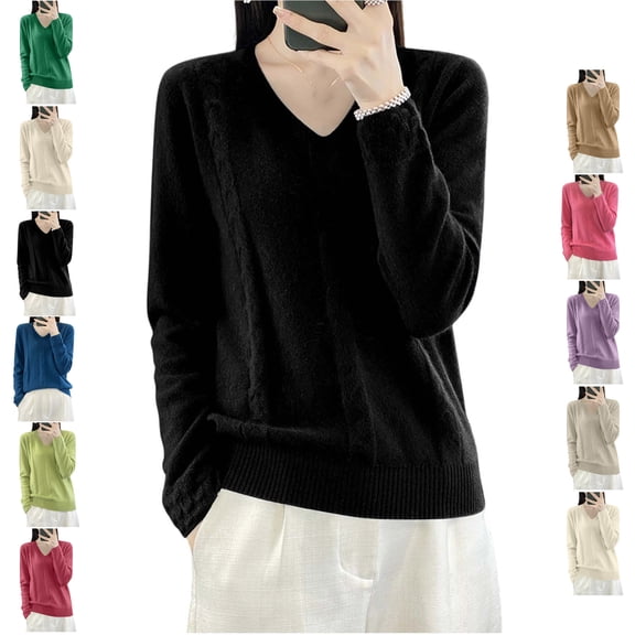 TGSLY Cable Knit Sweater for Women Lightweight Soft V Neck Long Sleeve Knit Pullover Relaxed Casual Solid Color Fall Winter Bottoming Tops M