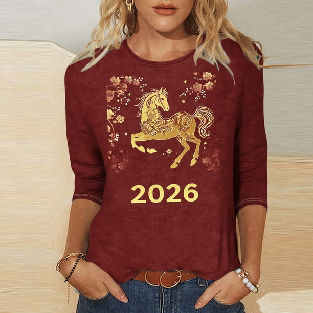 TaTaai Ladies 2026 New Year Festival Print 3/4 Sleeve Round Neck Blouse Casual Top Holiday Celebration Party Attire Gift