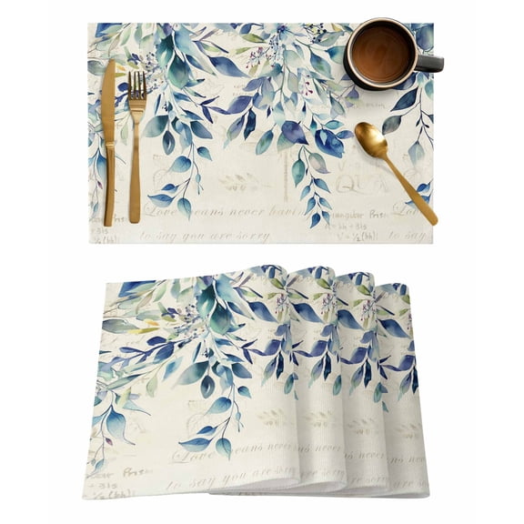 Blue Teal Eucalyptus Leaves Placemats Set of 6, Watercolor Vintage Botanical Placemats for Dining Table, Place Mats for Kitchen Tabletop, Waterproof Wipeable Dining Table Mats Set