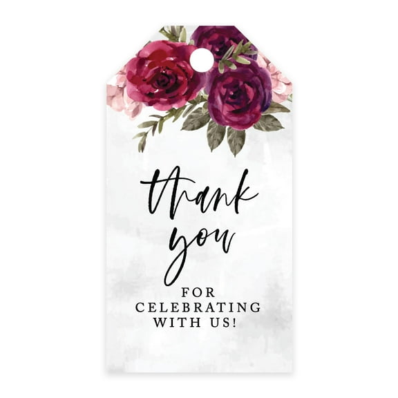 Koyal Wholesale Thank You For Celebrating With Us Favor Tags Burgundy Florals Cardstock Gift Tags with Bakers   100-Pk