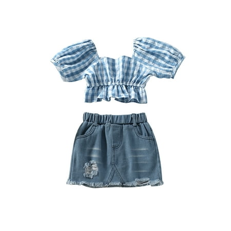 

Suanret 2PCS Toddler Girls Summer Clothes Infants Short Sleeve Plaid Print Tops Denim Skirt Set Blue 4-5 Years