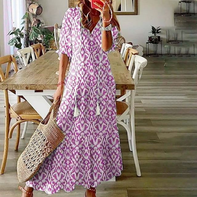 JUNWELL Robe Bohème d'Été pour Femmes, Robe Maxi Décontractée Grande Taille, Couleur Unie, Col en V, Robes Soleil, Dentelle à Franges, Longue Robe