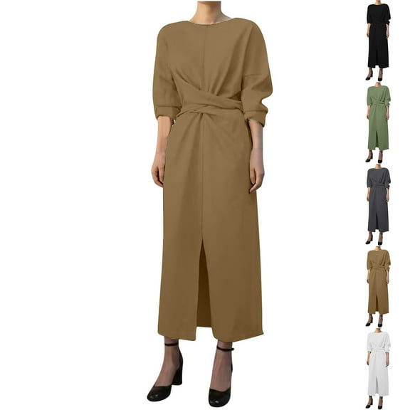 Oksale Wrap Waist Cotton Linen Dress for Women Plus Size Front Slip Dresses 3/4 Sleeve Midi Dress Casual Crewneck Fall Dresses Black XXL