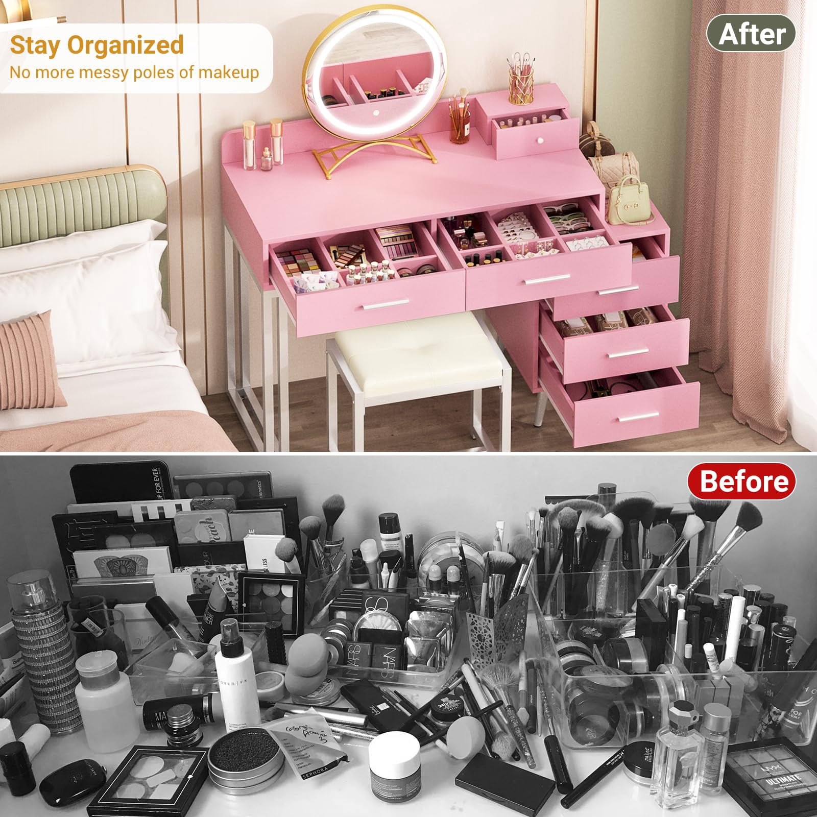 Homieasy Vanity Desk with Mirror and Lights, Modern Makeup Vanity Table Set with 6 Storage Drawers and Cushioned Stool for Bedroom, Dressing Table with Divided Organizers for Women, Pink