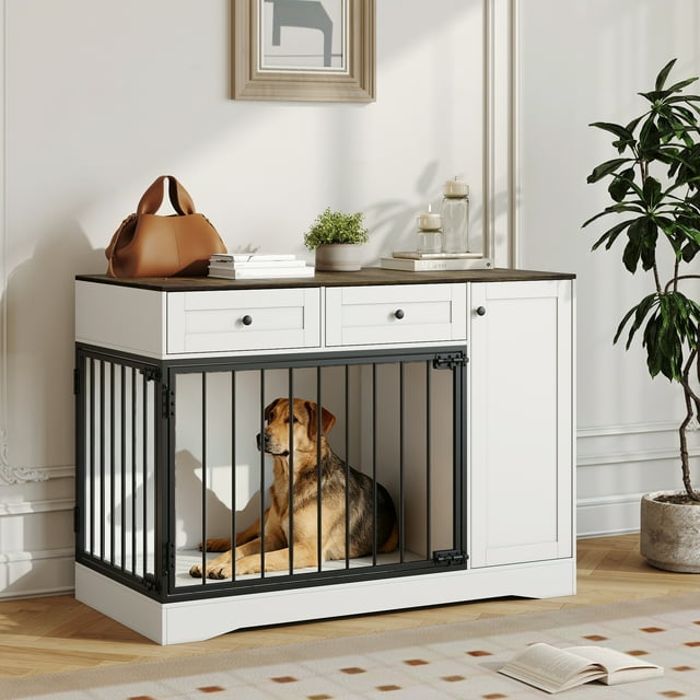 AKDSteel 47 Inch Rustic White Wooden Dog Crate End Table, Indoor Pet House Side Table With Double-Door Design, Chew-Resistant Dog Furniture For Small To Medium Dogs