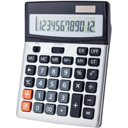 Desk Calculator 12 Digit Office Calculators with Large LCD Display, Dual Solar Power and Battery, Recessed Big Button Calculator for Office Home School (Black)