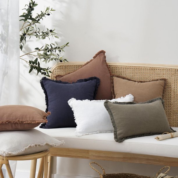 Set of 2 Decorative Linen Fringe Throw Pillow Covers Cozy Boho Farmhouse Cushion Cover with Tassels Soft Accent Pillowcase for Couch Sofa Bed Living Room Home Decor,18×18 Inch,Olive Green