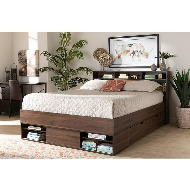 Baxton Studio Tristan Modern and Contemporary Walnut Brown Finished Wood 1-Drawer Queen Size Platform Storage Bed with Shelves Baxton Studio Tristan Modern and Contemporary Walnut Brown Finished Wood 1-Drawer Queen Size Platform Storage Bed with Shelves