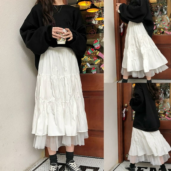 YUNAFFT Skirt for Women Plus Size Clearance Women's High Waist Mid-Length White A-Line Skirt Mesh Skirt