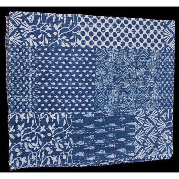 Ozark Textile Handmade Blue Indian Kantha Quilt Cotton Indian Bedspread Block Print Boho Bedding Lightweight Twin Queen King