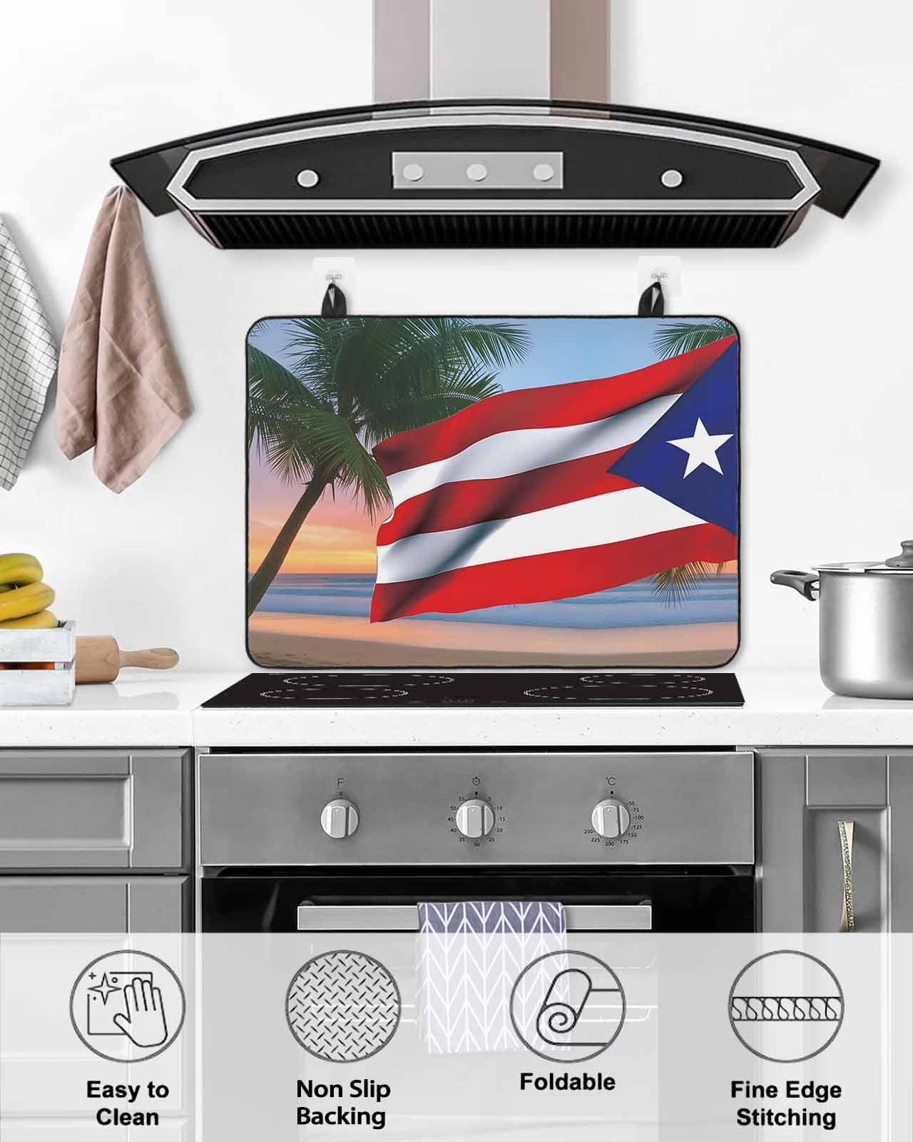 Large Induction Cooktop Protector Mat USA Flag Stove Top Covers for Electric Stove, Vintage Puerto Rico Sandy Palm Tree Ocean Decorative Stove Burner Cover Mats, Glass Top Stove Cover
