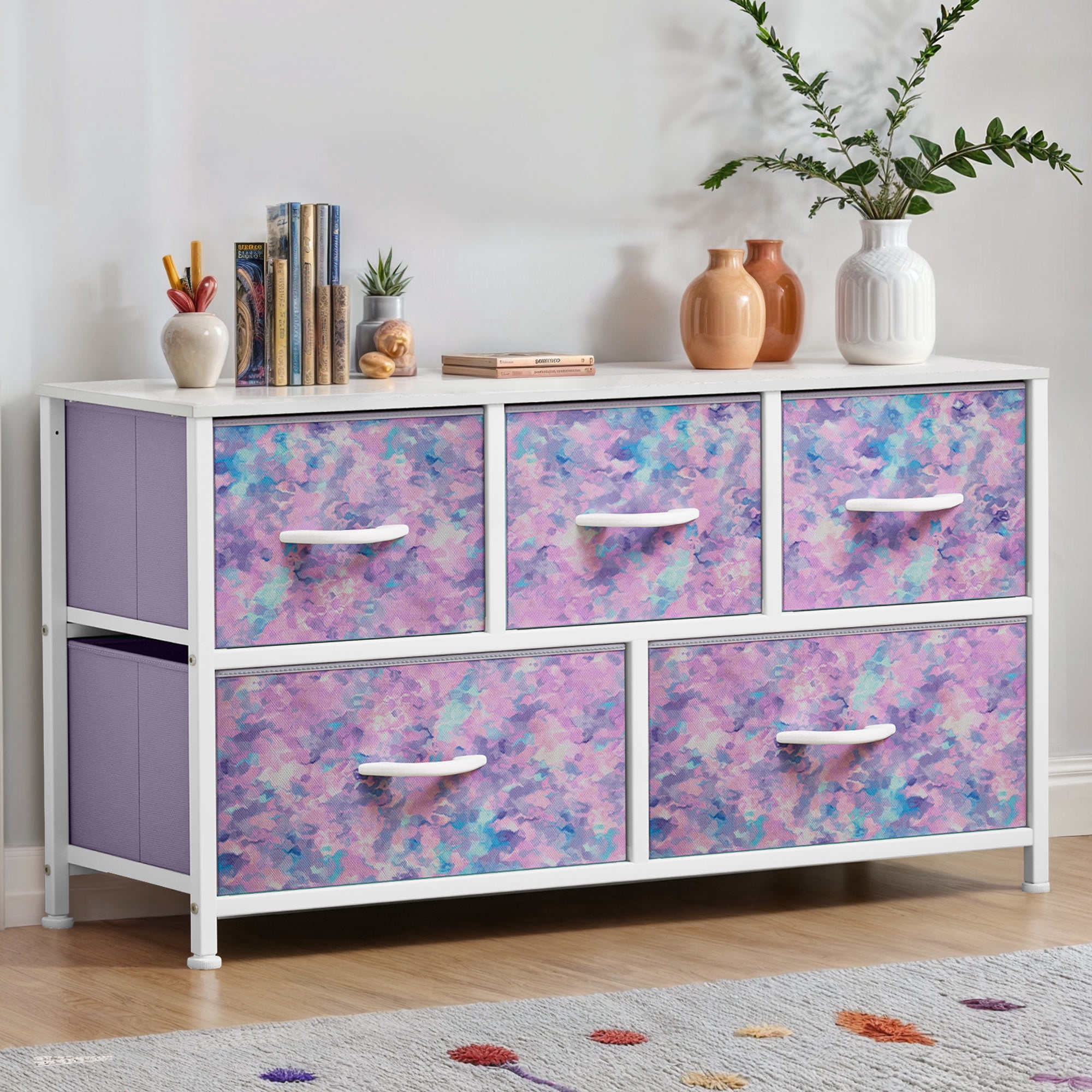 ModFusion Fabric 5-Drawer Dresser Storage Organizer, Purple Tie-Dye Finish, Easy Assembly for Teens and Adults Bedroom or Closet