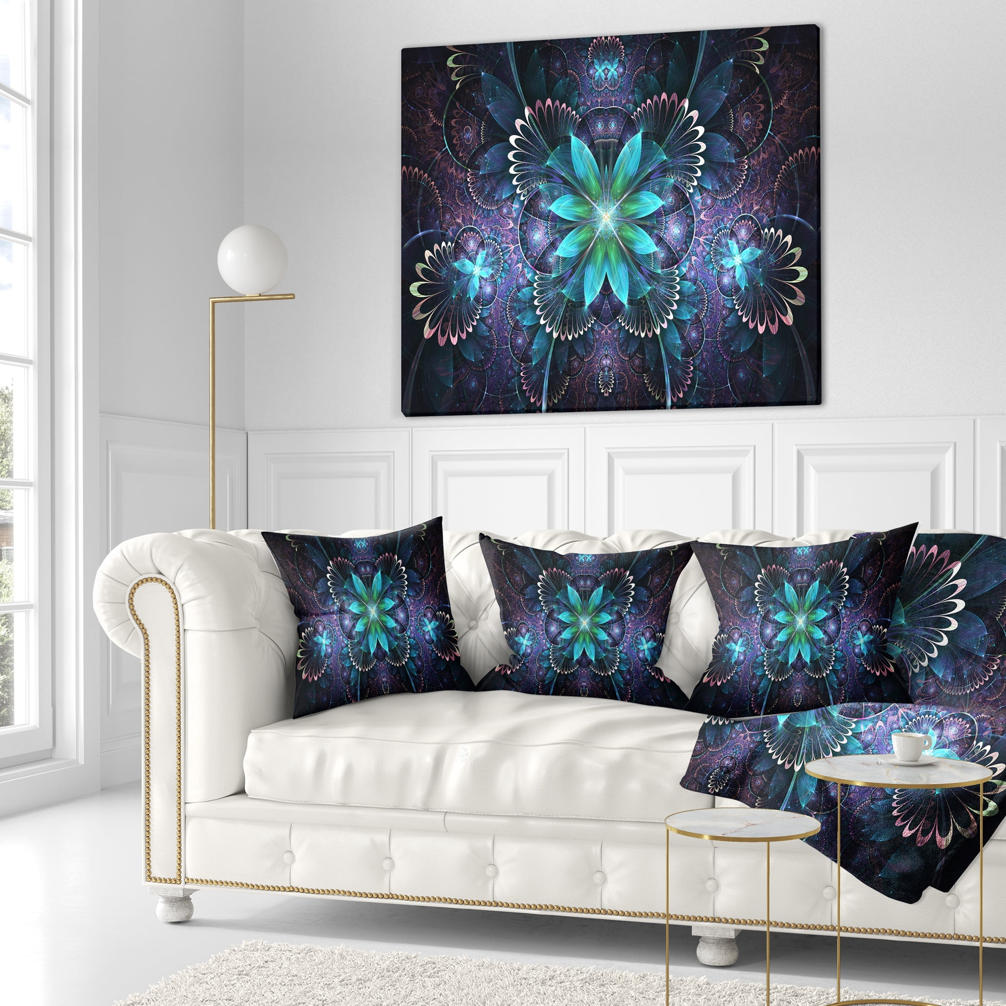 Designart Fractal Flower Blue Digital Art - Flower Throw Pillow - 18x18