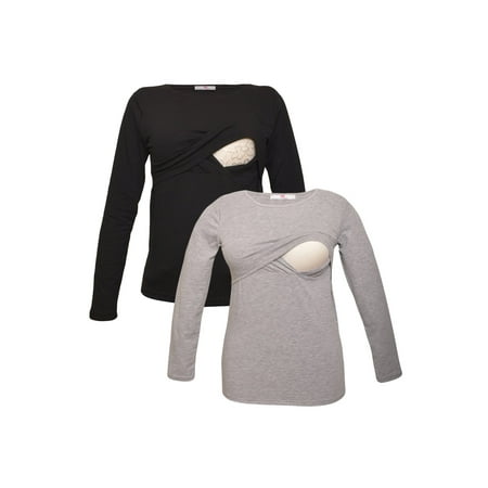 

LVMA2700 - 2 Pack - Premium Soft Cotton - Women Long Sleeve Nursing Maternity T-Shirt - 2 Piece Set