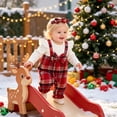 thumbnail image 2 of Pandaie Infant Baby Girls Plaid Suspender Romper Set Ruffle Long Sleeve Ribbed Bodysuit Bow Headband Holiday Photo Shoot Daily Casual Outfits Wine,3-6 Months, 2 of 7