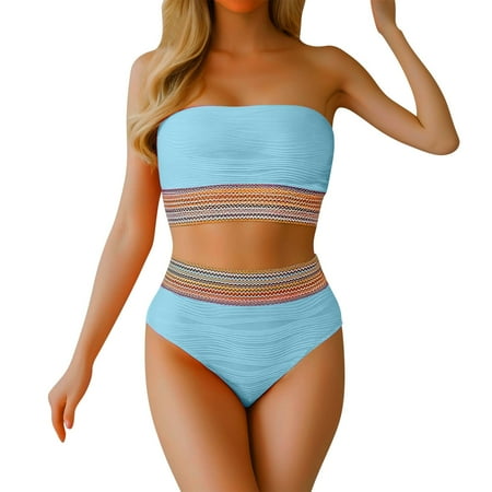 Baqcunre Bikini Sets for Women  High Waisted Bandeau Bikini Set Women Strapless Two Piece Swimsuits Ribbed Full Coverage Bra Bathing Suits Swimwear  Women s Swimwear One Set Light Blue XL