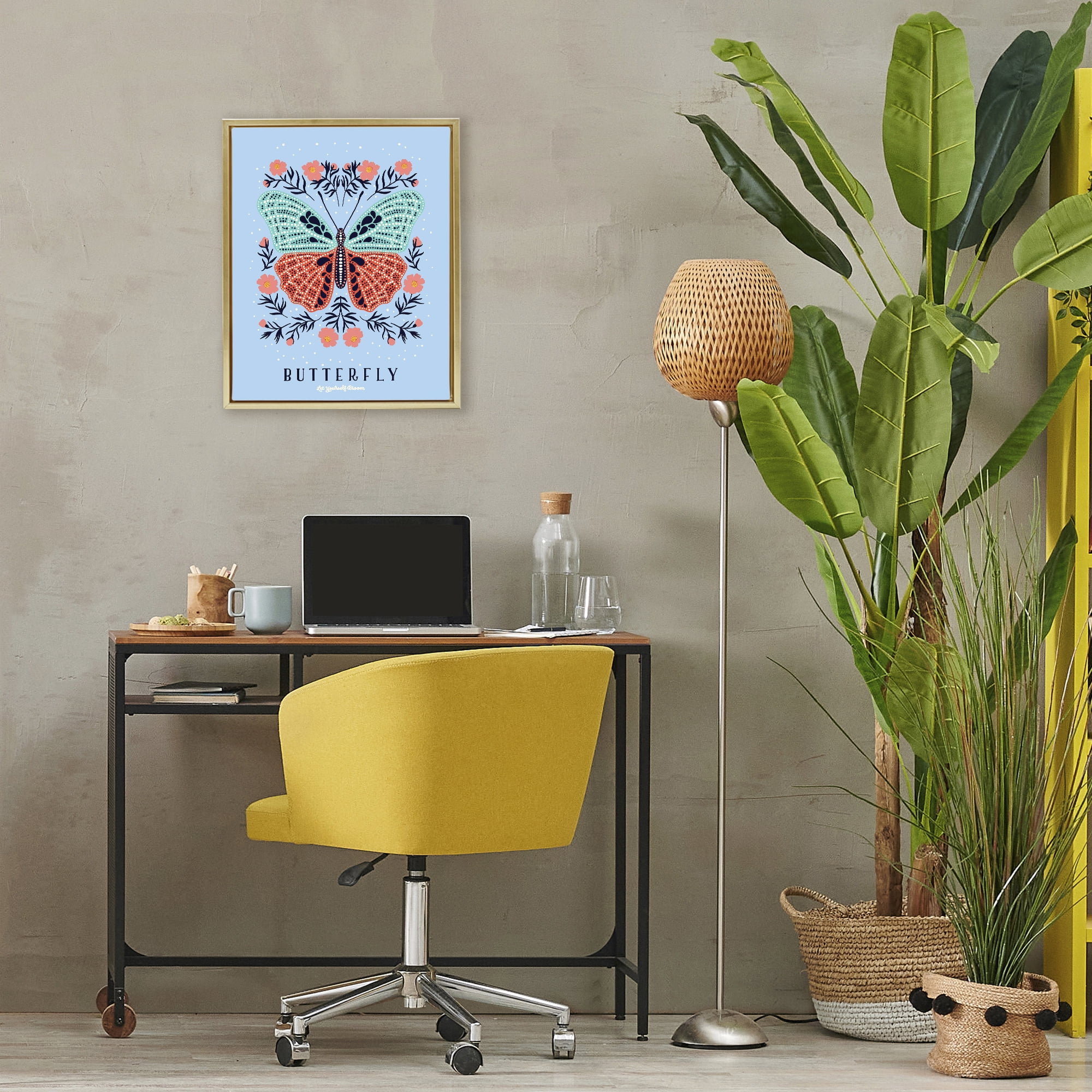 Stupell Industries Butterfly Symmetry on Blue Gold Framed Floater Canvas Wall Art, design by Indira Prieto | IndySign