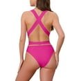 thumbnail image 3 of INSPIRAR CHIC Traje de baño de una pieza con escote en V profundo, cruce en la espalda y cordones, control de abdomen, corte alto, color rosa grande, 3 of 5