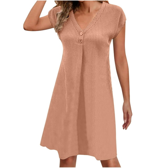 Robe d'Été pour Femmes 2024 Mode Grande Taille Col en V Décontractée à Boutons Manches Courtes Mini Robe 50 % de Réduction!