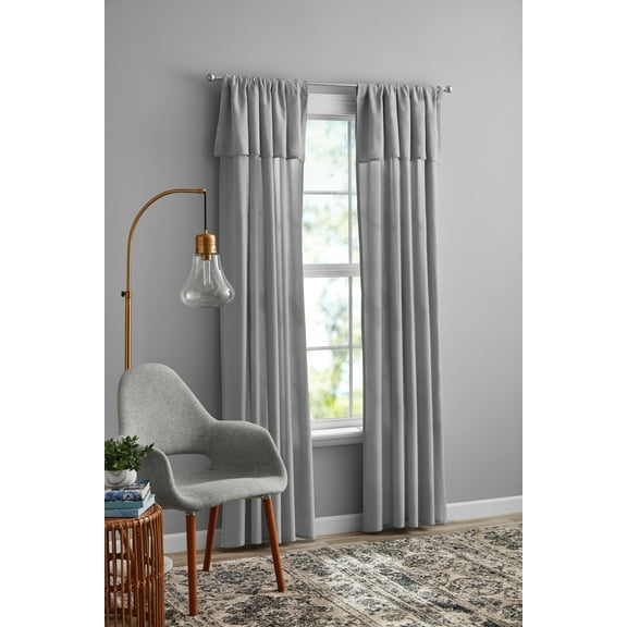 Mainstays Farmhouse Light Filtering Curtain Panel with Attached Valance, 1 Panel, Silver, 50” W x 84” L